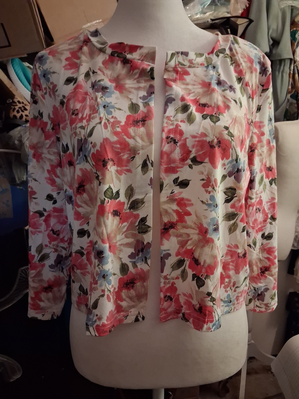 New,Floral Open-Front Cropped To Waist Flowy Lightweight Shrug,Pink, White SIZEM